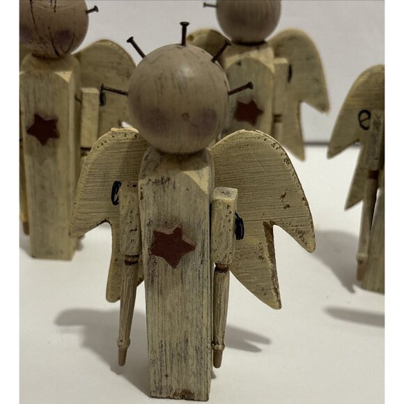 Handcrafted Wooden Angel Brown Figurines Set Of 6 Piece Rustic Finish Halos 4" - Picture 6 of 16
